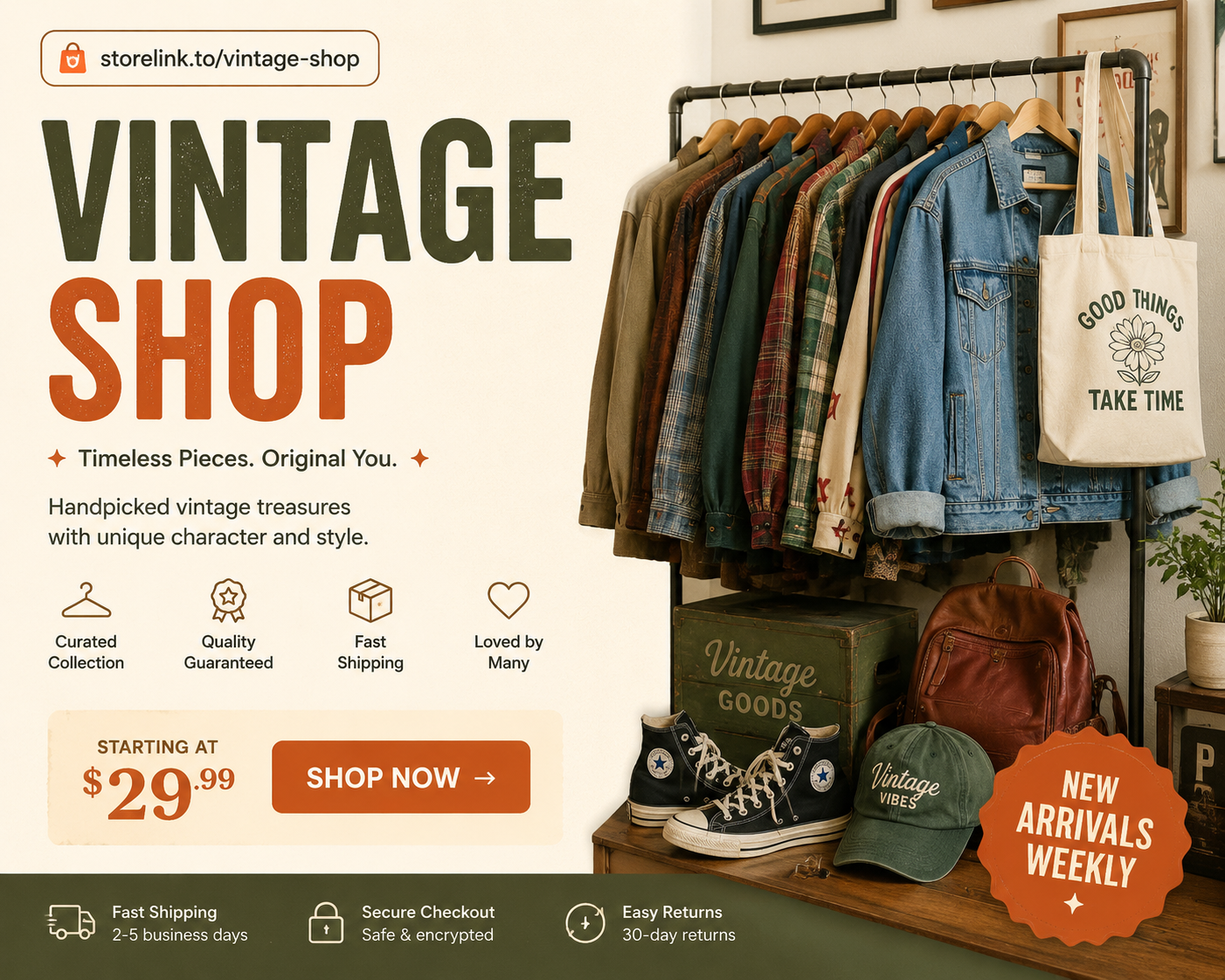 StoreLink vintage shop page preview with clothing rack, accessories, shop now button, and shipping details