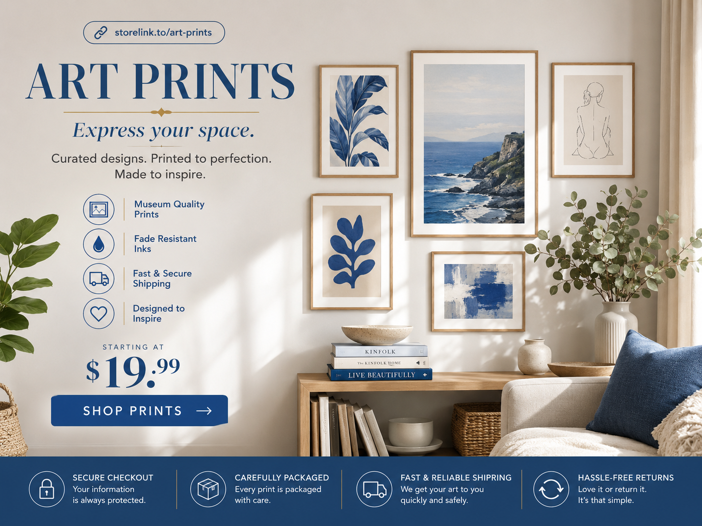 StoreLink art prints page preview with framed wall art, shop prints button, and secure checkout details